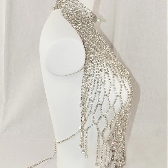 HIGE & UNIQUE STATEMENT RUNWAY NECKLACE - Rhinestone Full Body Bib - Picture 4 of 9
